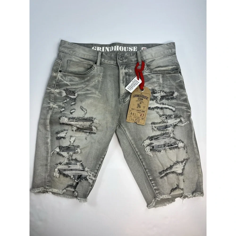 Grindhouse Denim Jean Shorts Men's Size 32 Gray Wash Distressed Bermuda NEW
